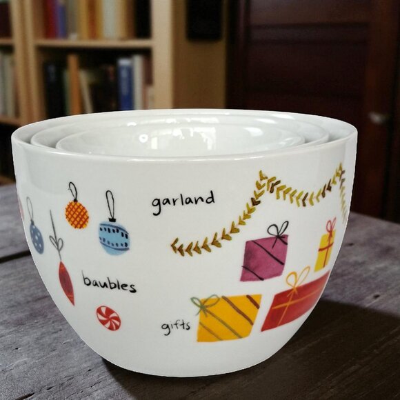 Crate and Barrel Winter Collage Nesting Bowls - Set of 3 - Picture 1 of 11